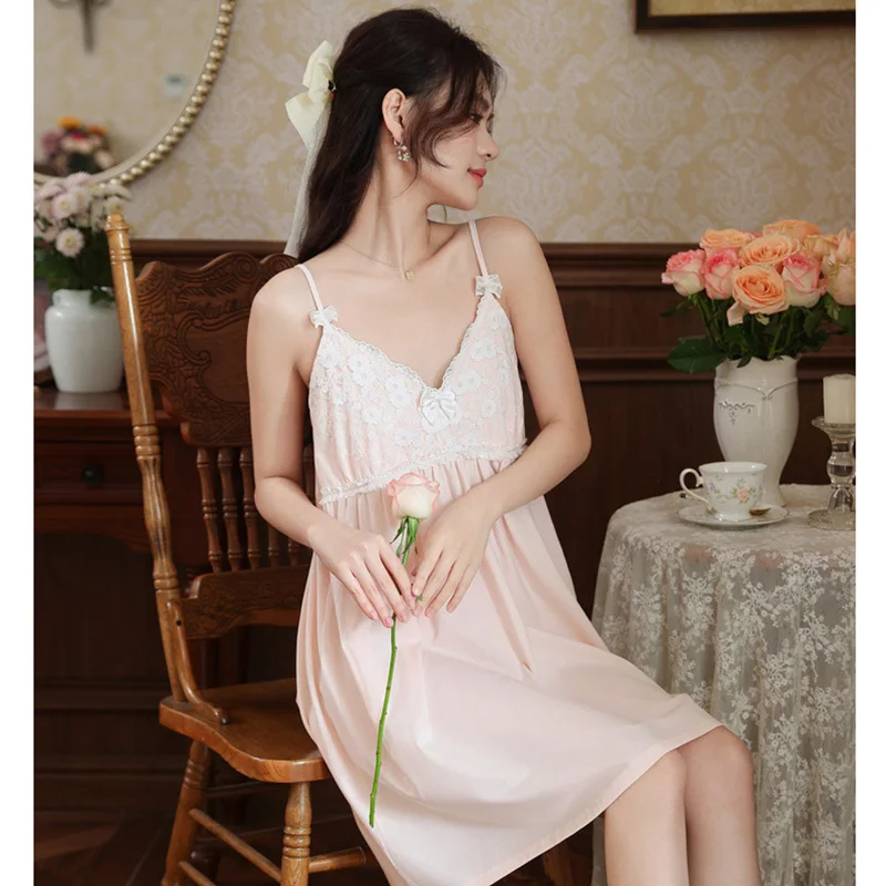 

Хлопковая ночная сорочка для женщин: летнее французское кружевное платье с вышивкой и вкладышем для груди, домашняя одежда