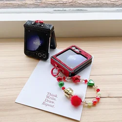 Christmas Colorful Bead Wrist Chain Strap Bracelet Bling Glitter PU Leather Cover For Samsung Galaxy Z Flip 6 5 4 3 Phone Case