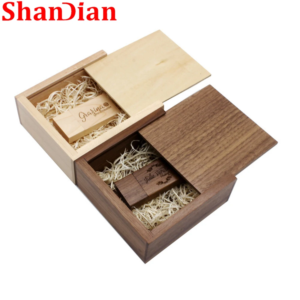 SHANDIAN Wooden Photo Album USB Flash Drive 128GB Free Customized Logo Pen Drive Wedding Gift Box Memory Stick (105*105*40mm)