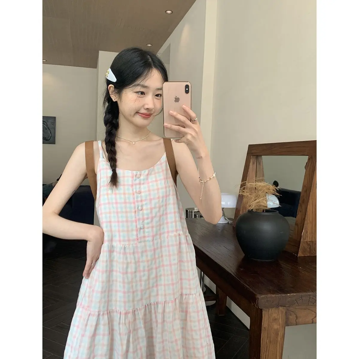 Sweet Girl Off-shoulder Sleeveless Contrast Plaid Suspender Dress Women's French Loose Slimming Age-reducing Camisole Dresses