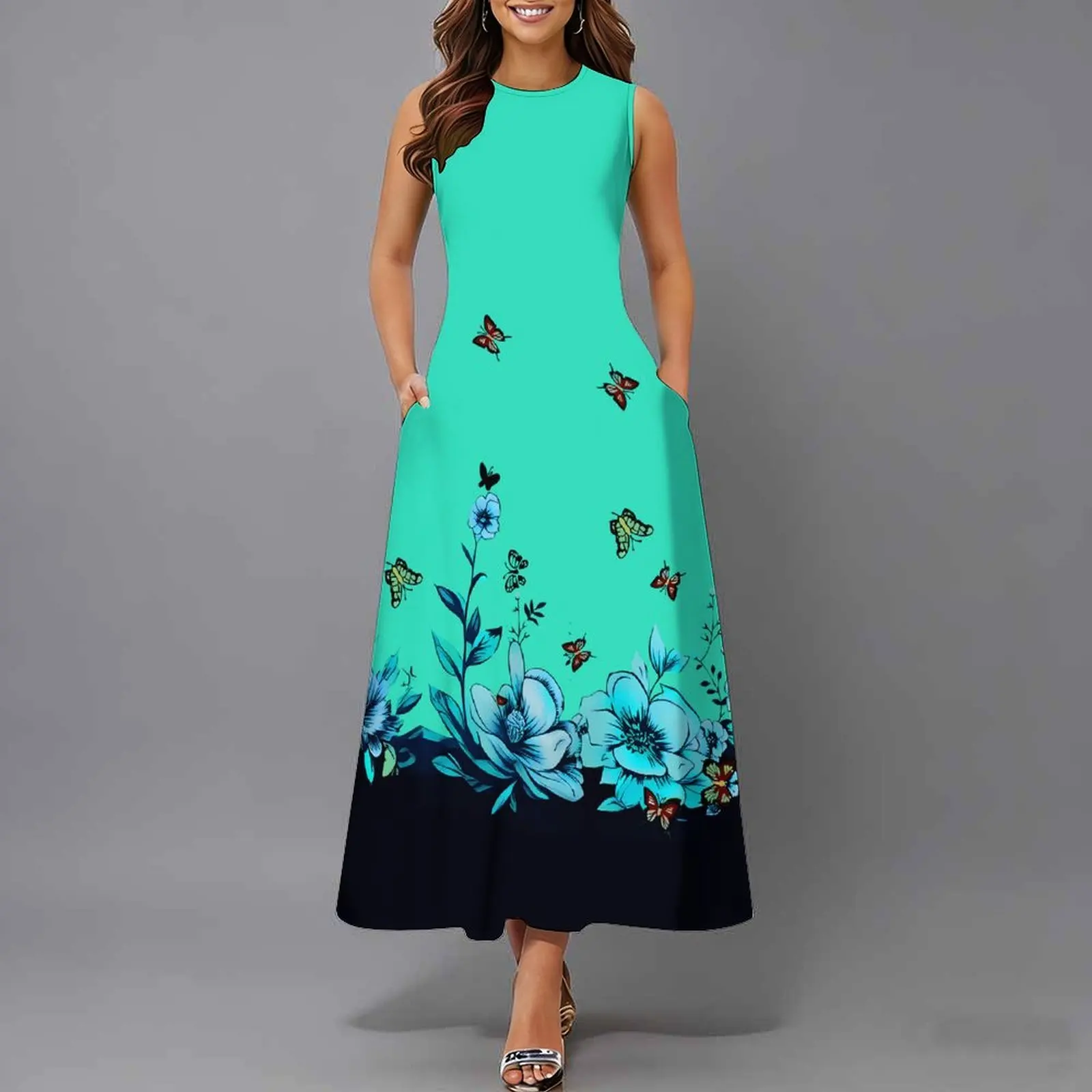 Women Sleeveless Long Maxi Dress With Pockets 3D Oil Painting Print Casual Loose Summer Vacation Party Sundress