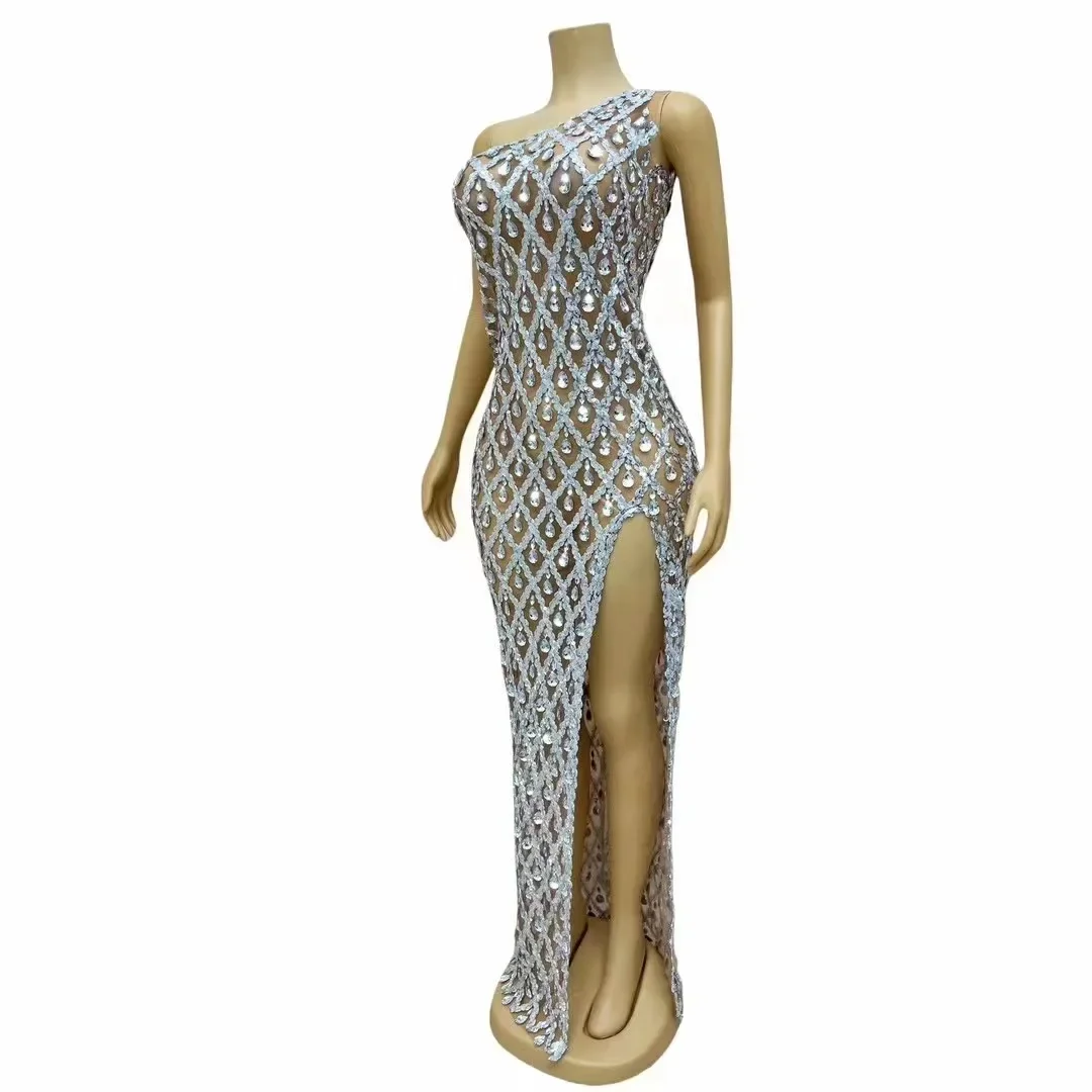 Donne sera matrimonio scintillante argento paillettes strass abito spaccato elegante celebrare abito da ballo compleanno fotografia vestito