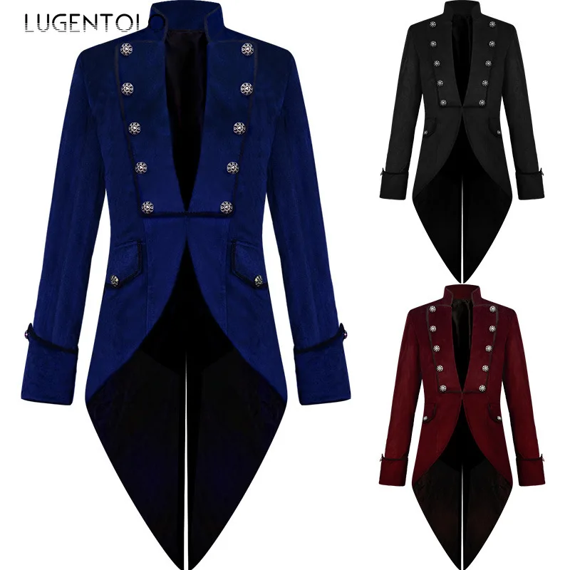 Men Vintage Tuxedo Jacket Gold Velvet Windbreaker Tailcoat Steampunk Coat Stand Collar Solid Medieval Costume Party Clothing