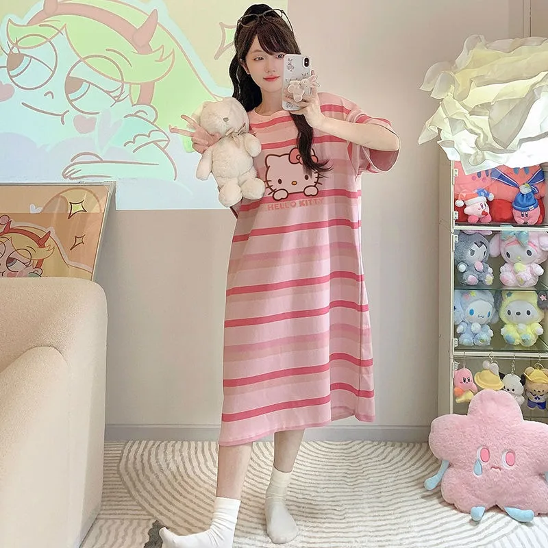 Hello Kitty Pink Striped Cartoon Pajamas for Women Loose Summer Home Wear Casual Loungewear Night Dress Cute Soft Sleepwear New