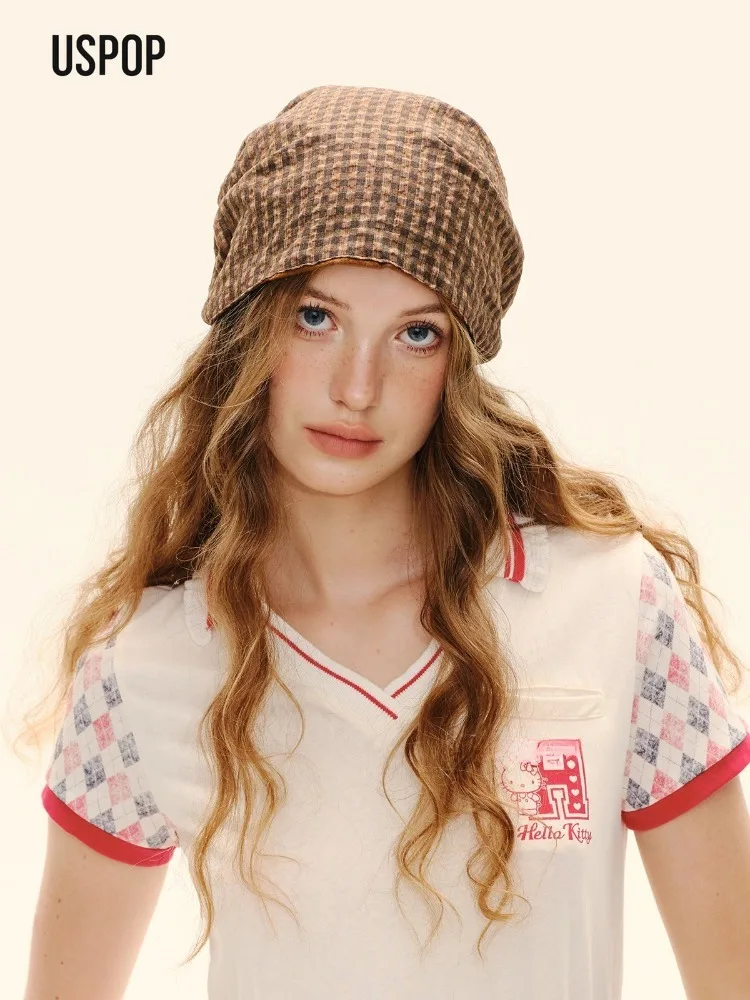 

USPOP винтажная клетчатая шапка-бини, женская двусторонняя шапка-бандана на замшевой подкладке с галстуком, регулируемая повязка на голову с напуском, осень-зима