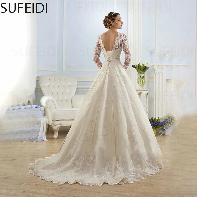 Elegant A-Line Wedding Dresses Long Sleeve Tulle with Belt Bow Women's Wedding Ceremony Gowns Formal Occasion DressesTrailing