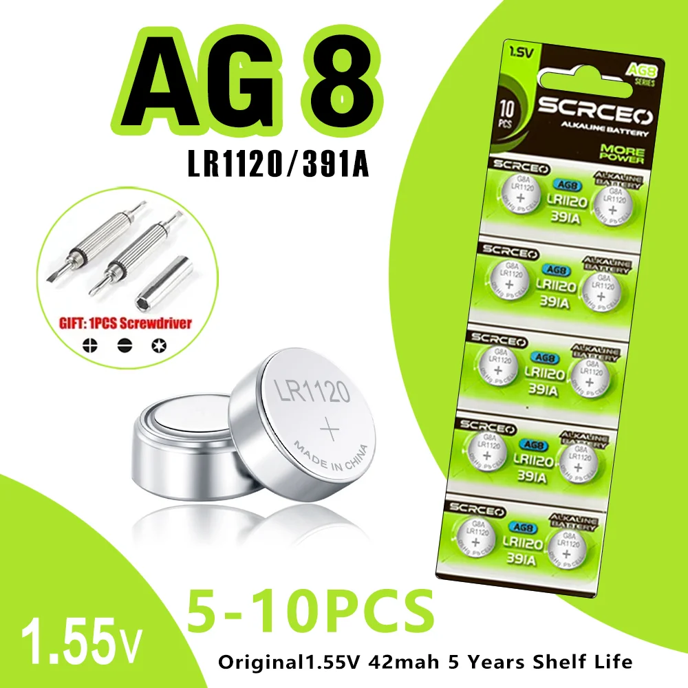 5 - 10 Uds 191 LR55 391 AG8 SR1120SW LR1120 1,5 V pila de moneda de botón de dióxido de manganeso de litio confiable para relojes de calculadores