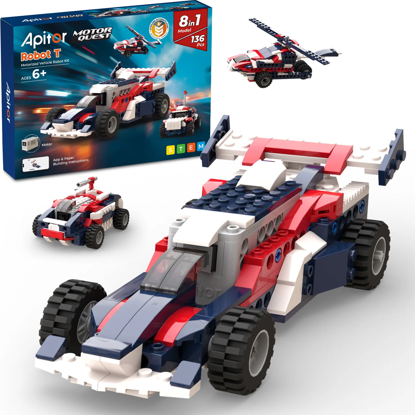 Apitor 8-in-1 STEM Building Blocks Set for Kids Educational DIY Race Car Robotics Kit Motor Engineering Toys Fun for Boys & Girl