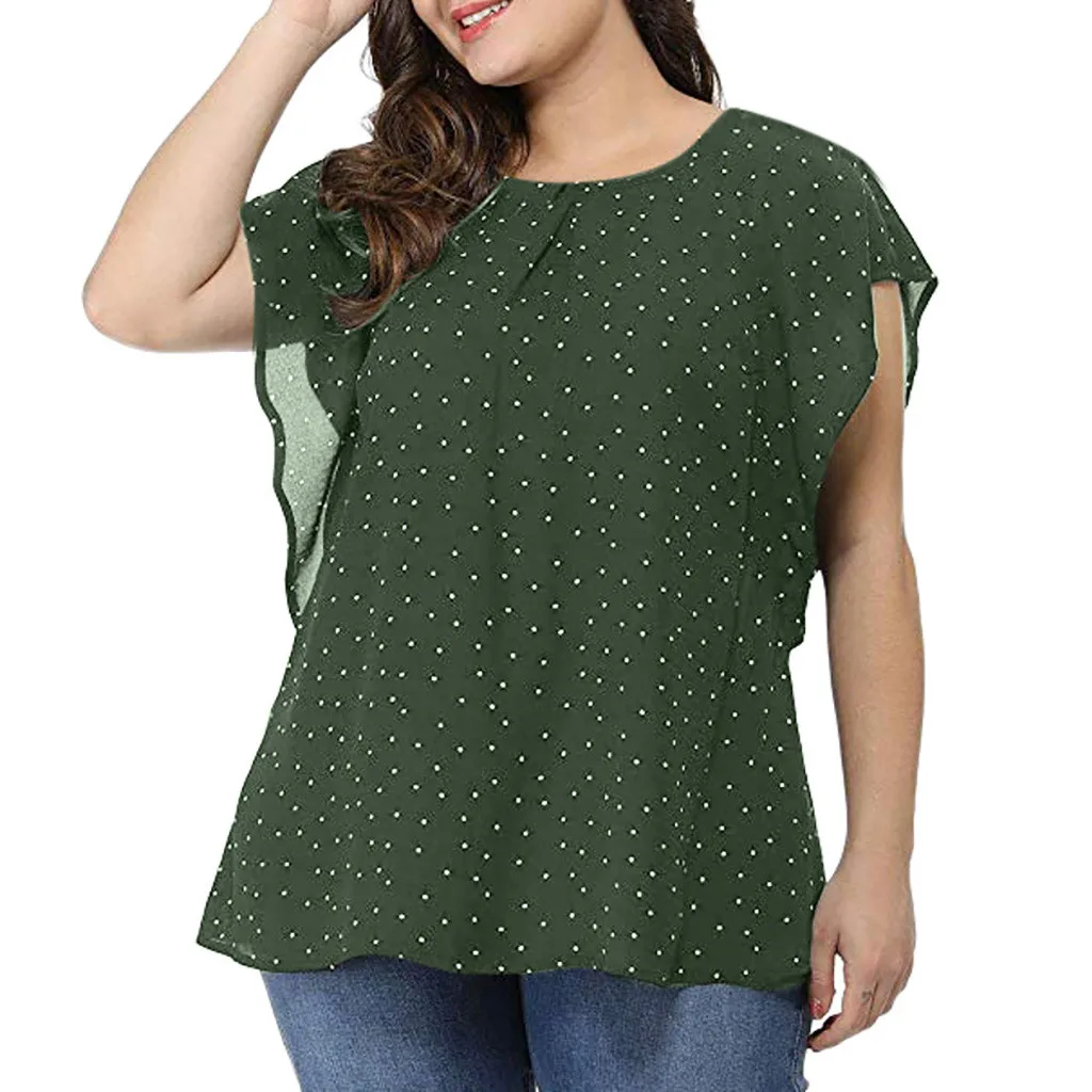 Women\'s Summer Plus Size Ruffle Sleeve Shirt Top Polka Dot Chiffon Blouse