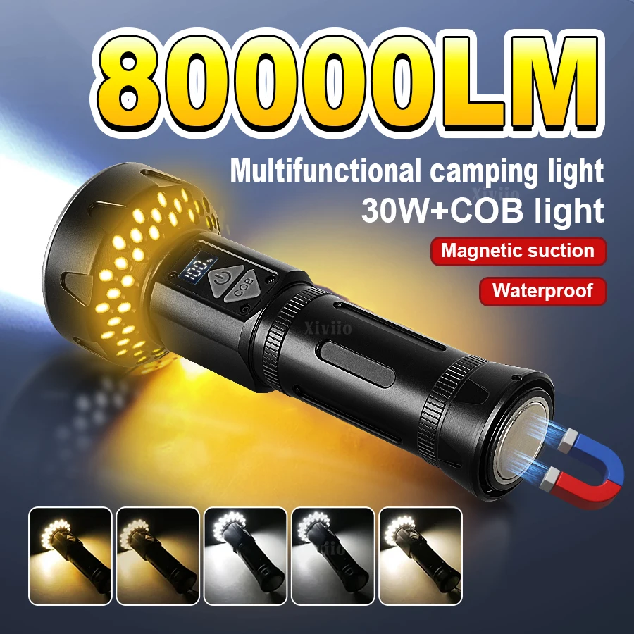 

High Power Flashlight Strong Light Multifunction Flashlight Yellow Light COB Camping Lamp Outdoor Waterproof Magnetic Work Light