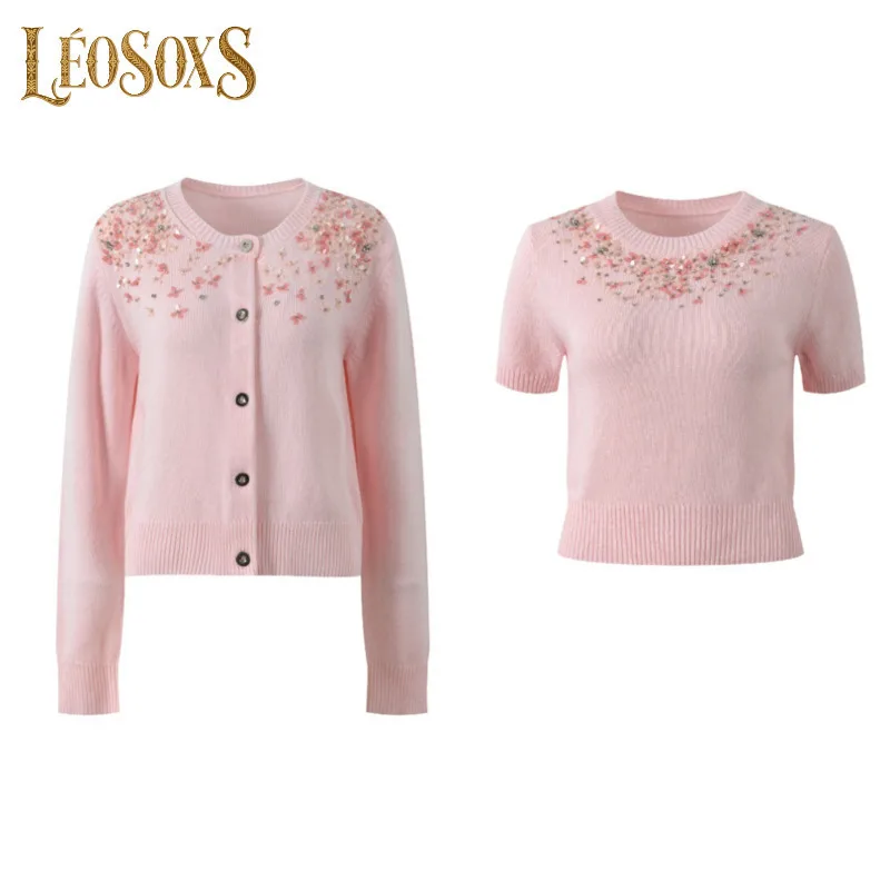

LEOSOXS Women's Knitted Sweater Set Beaded Sequins Embellishment Long Sleeve Cardigan And Short Sleeve Top For Daily Casual Wear
