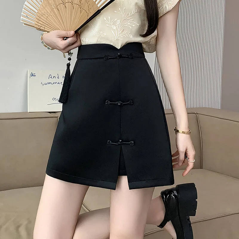 

Новая женская мини-юбка в китайском стиле, весна-лето 2023, тонкая модная трапециевидная юбка с высокой талией, элегантная темпераментная черная женская юбка