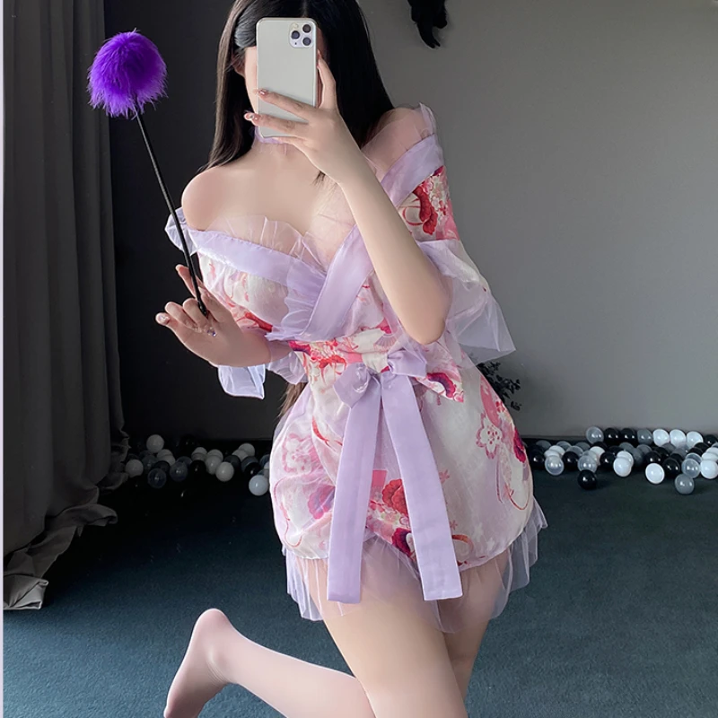 

Japanese Sexy Printing Kimono Kawaii Lingerie Women Cospaly Costumes See-through Bathrobe Outfits Erotic Robe Pajamas Exotic Set