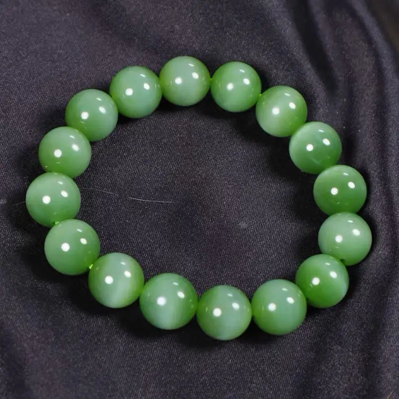 Natural Hetian Jade Cat's Eye Single-Strand Bracelet with Ice-Base and Spiritual Charm