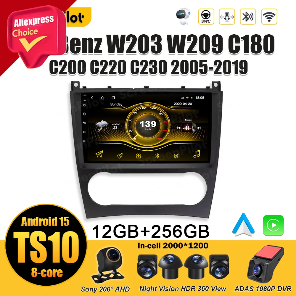 

Android 15 для Benz W203 W209 C180 C200 C220 C230 2005-2019 Автомобильный радиоприемник Мультимедийный видеоплеер GPS-навигация Сенсорный экран 8-ядерный
