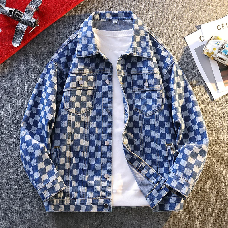 

Jackets For Man Trendy Oversized Checkerboard Print Denim Man Coat Casual Streetwear Style Outerwear For Men