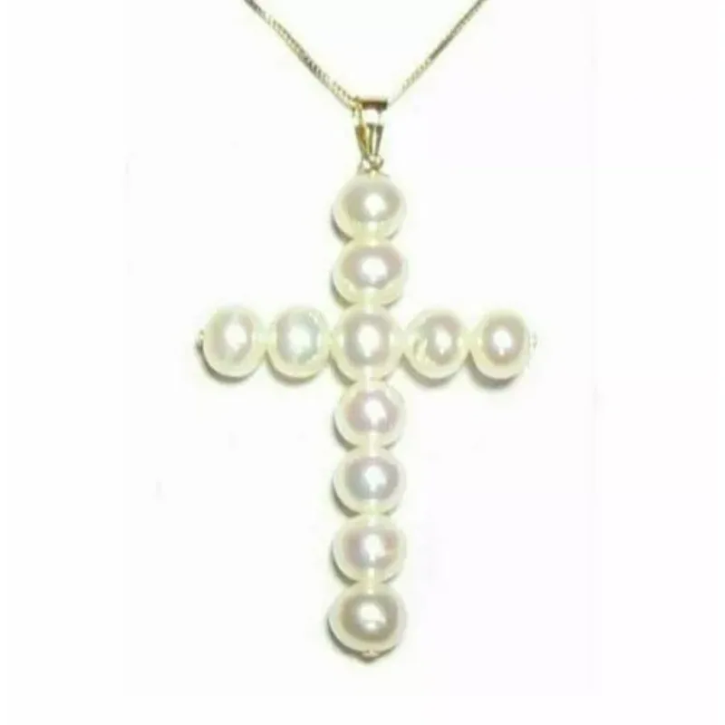 14K Gold AAA 7-8mm Natural White South Sea Pearl Cross Pendant -