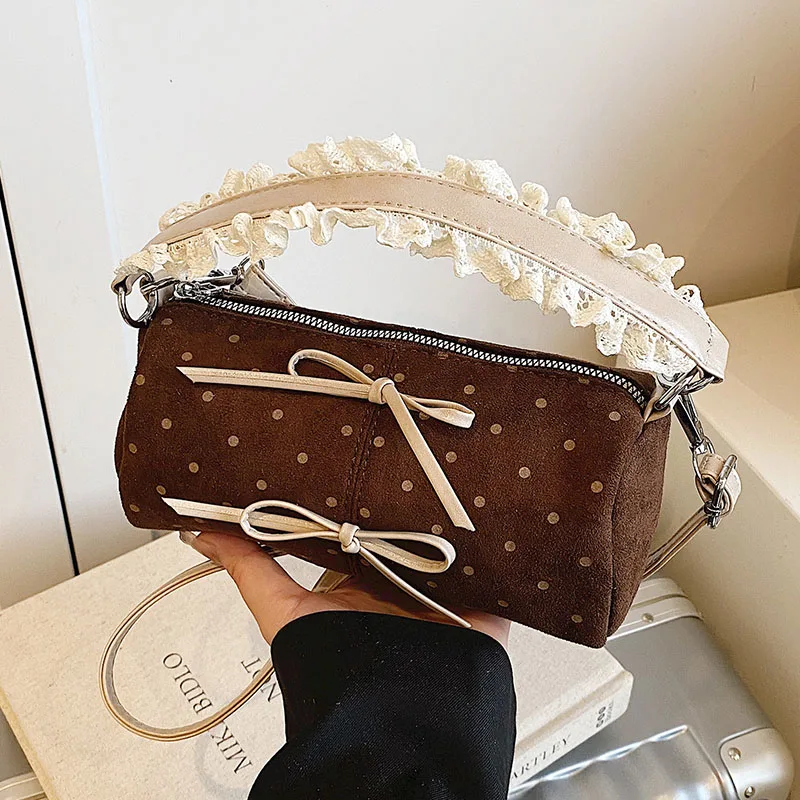 

Polka Dot Lace Women's Handbag Summer New Korean Bow Pink Sweet Barrel-shaped Crossbody Bags PU Suede Commute One Shoulder Bag