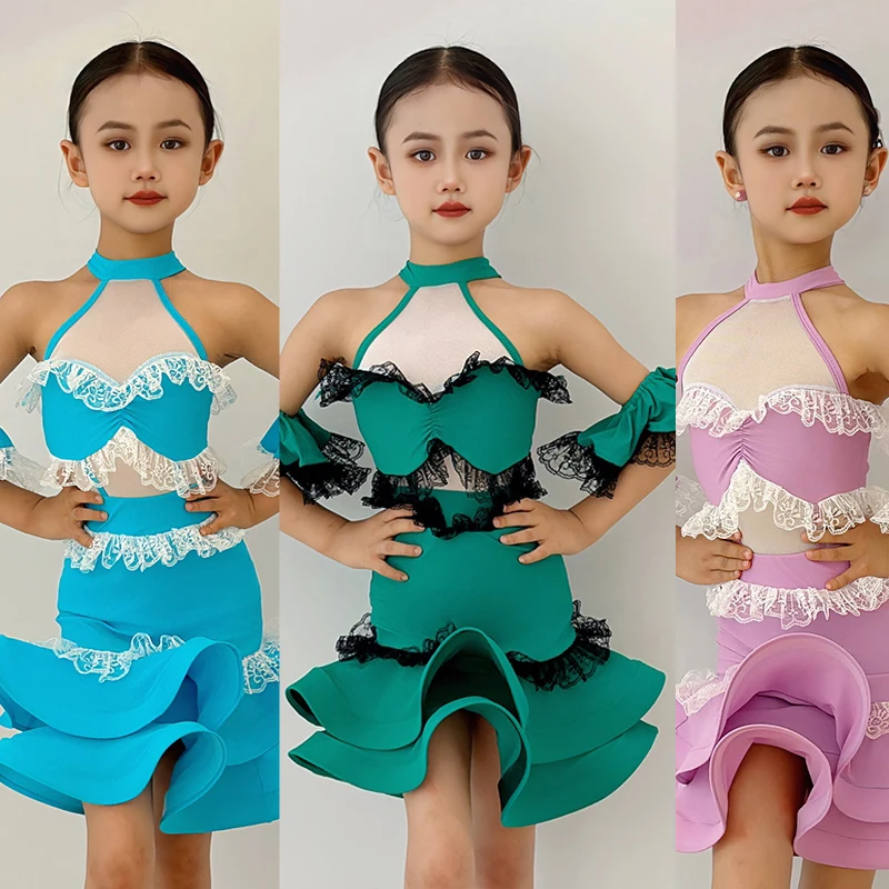 

Girls Latin Dance Competition Performance Costume Lace Fishbone Dress Cha Cha Rumba Dance Practice Clothing Green Dress DNV24045