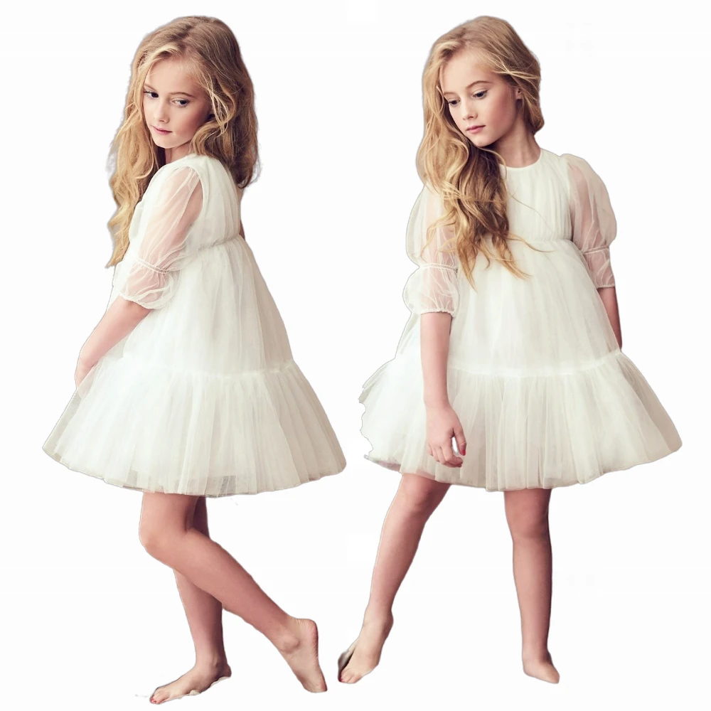 Adorável bebê flor menina vestido branco três quartos em camadas meninas vestidos de casamento da criança tutu outfit crianças vestidos de aniversário