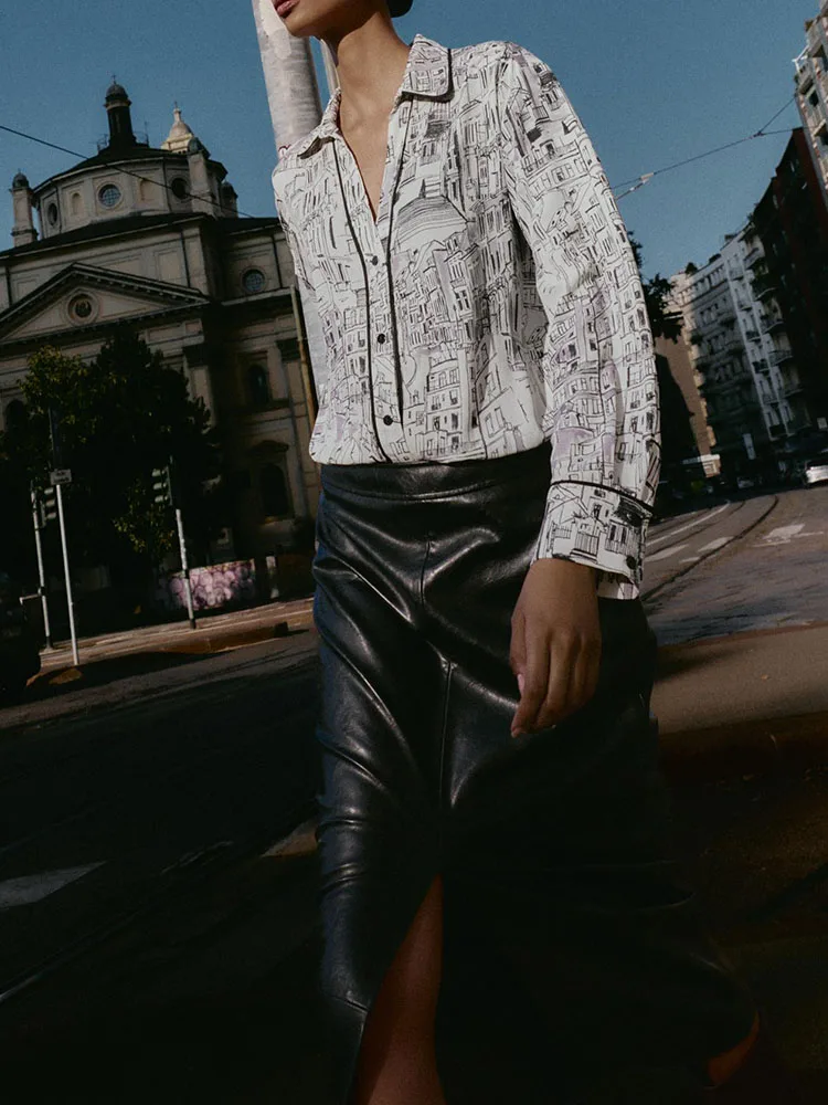 트림이 있는 달콤한 패션 프린트 셔츠 캐주얼 스타일 긴 소매 시원한 느낌 얇은 소재 기하학적 패턴 소녀용