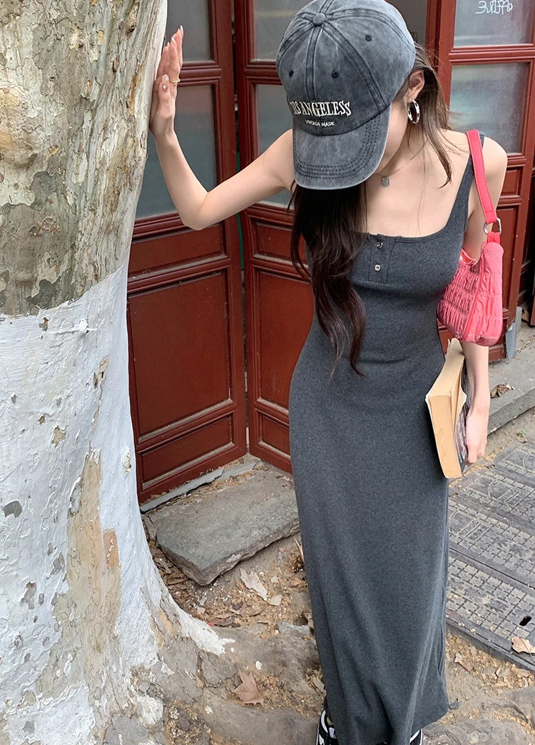 

Корейское модное летнее новое платье-бретелька, женское дизайнерское платье на пуговицах, однотонное элегантное платье макси премиум-класса, повседневная уличная одежда