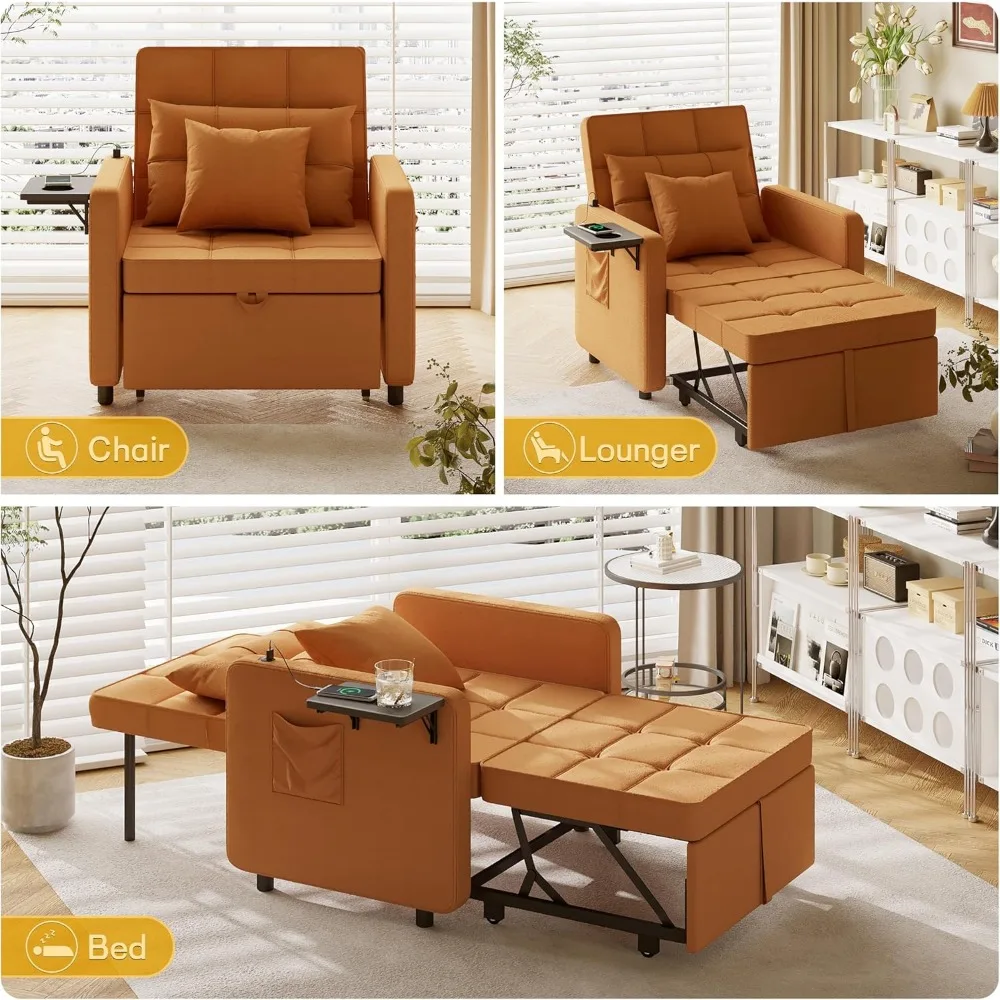 Convertible Sofa Chair Bed with Wing Table, USB Ports, and Two Pillows - 3-in-1 Couch for Futon Sleeper Living Space