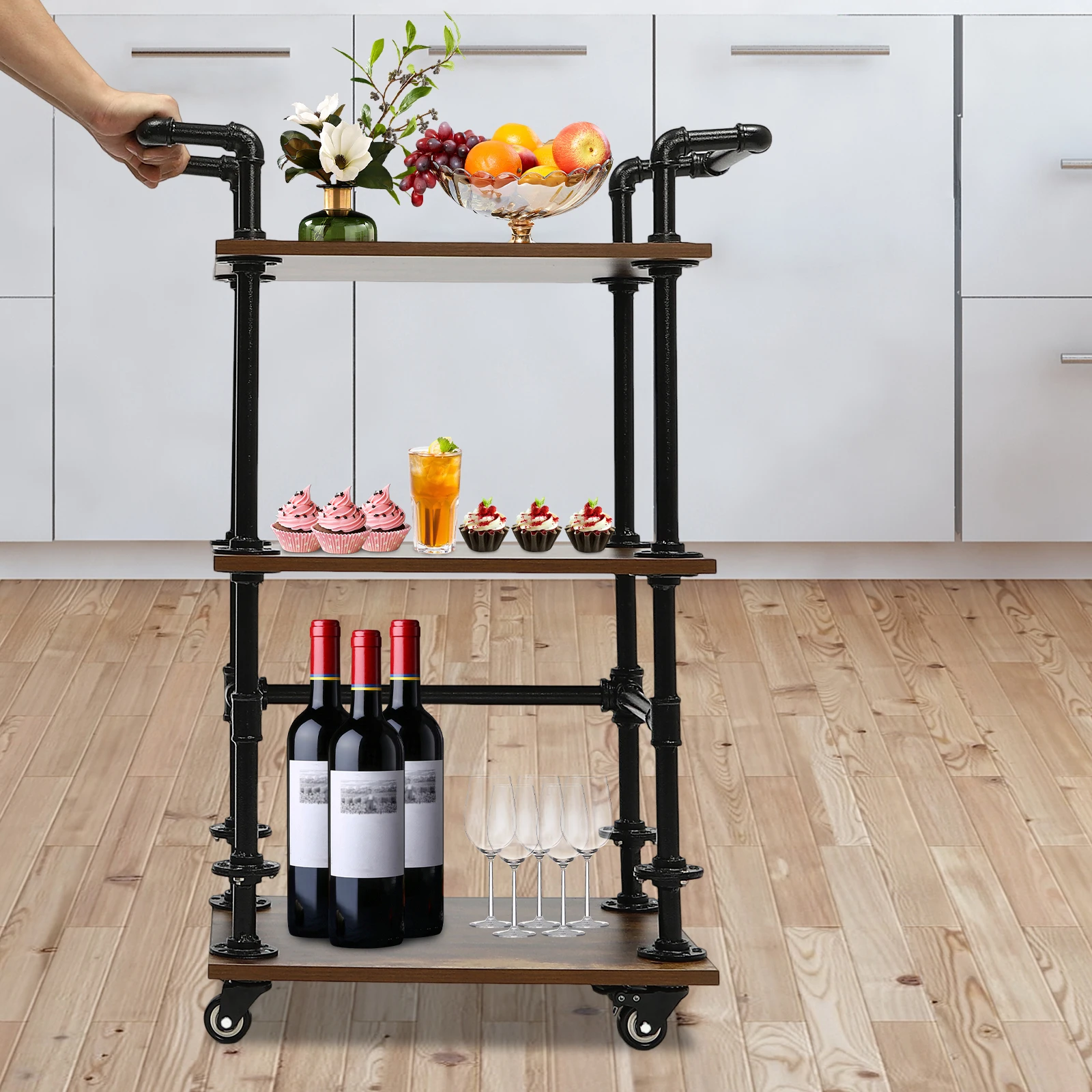 3 Tier Industrial Bar Cart Liquor Wine Beverage Storage Rack Floor Mount Luxurious Bar Cart Rolling Trolley Cart Freely Movable