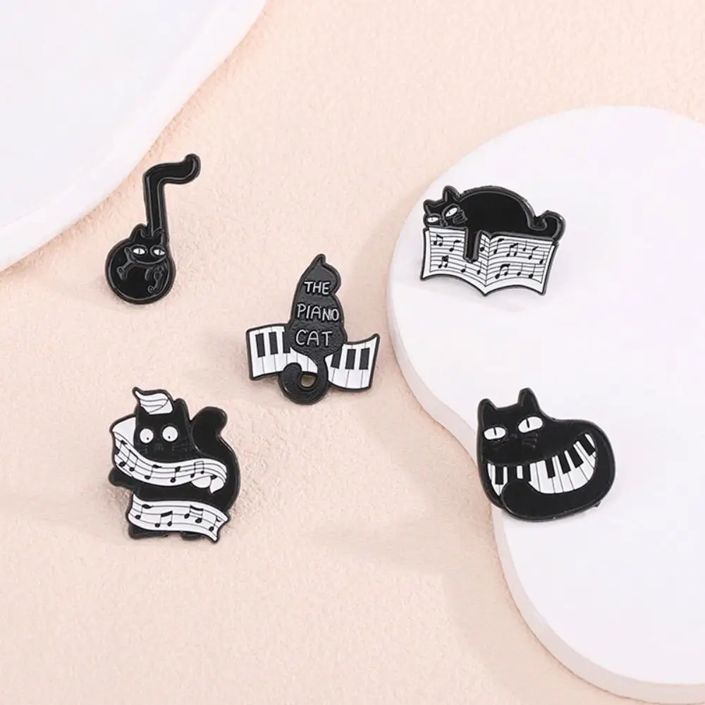 Cartoon Black Cat Enamel Pin Breastpin Purring Kitten Piano Cat Badge Music Score Music Instrument Beating Note Brooch