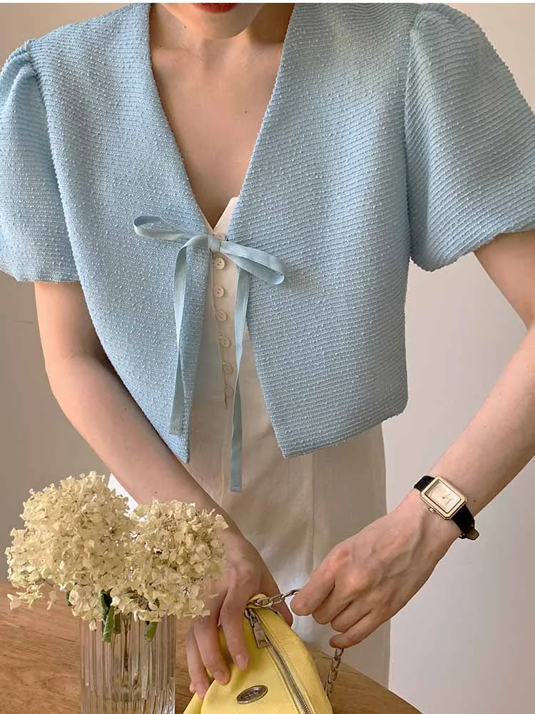 

Ele ort Length Tweed Jaet Женский V-Ne Puffy Sve Design Маленький размер ort Sve Top Faionable Lady Sle