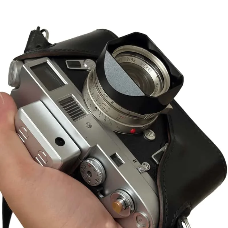 Quadratische Gegenlichtblende aus Metall mit Kappe für MANDLER 7- ELEMENT 35mm F2 E39 Objektiv – Leica M-Mount