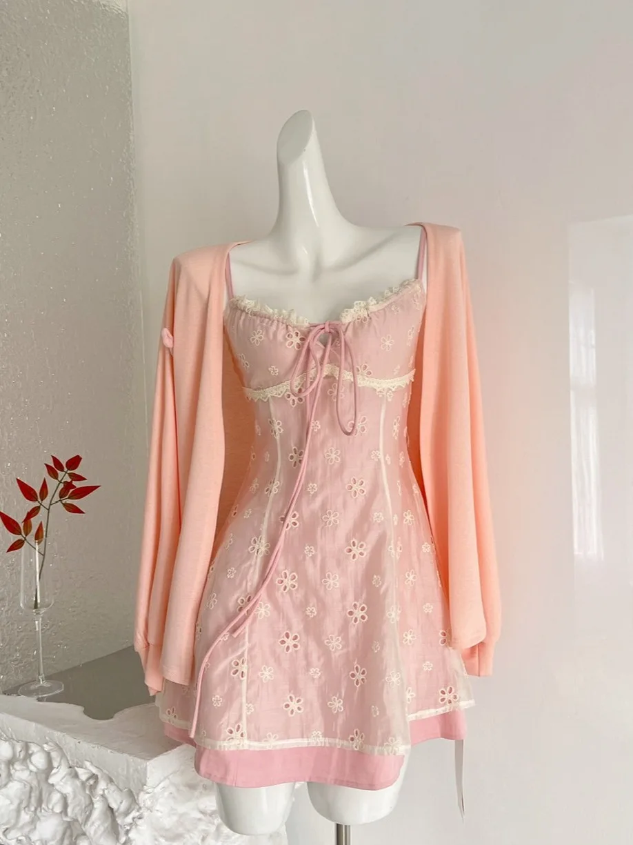 

Sweet Style Pink Embroidered Floral Two-Piece Set Women's Summer Strap Dress Cardigan Slimming Effect Spring Summer Outfit