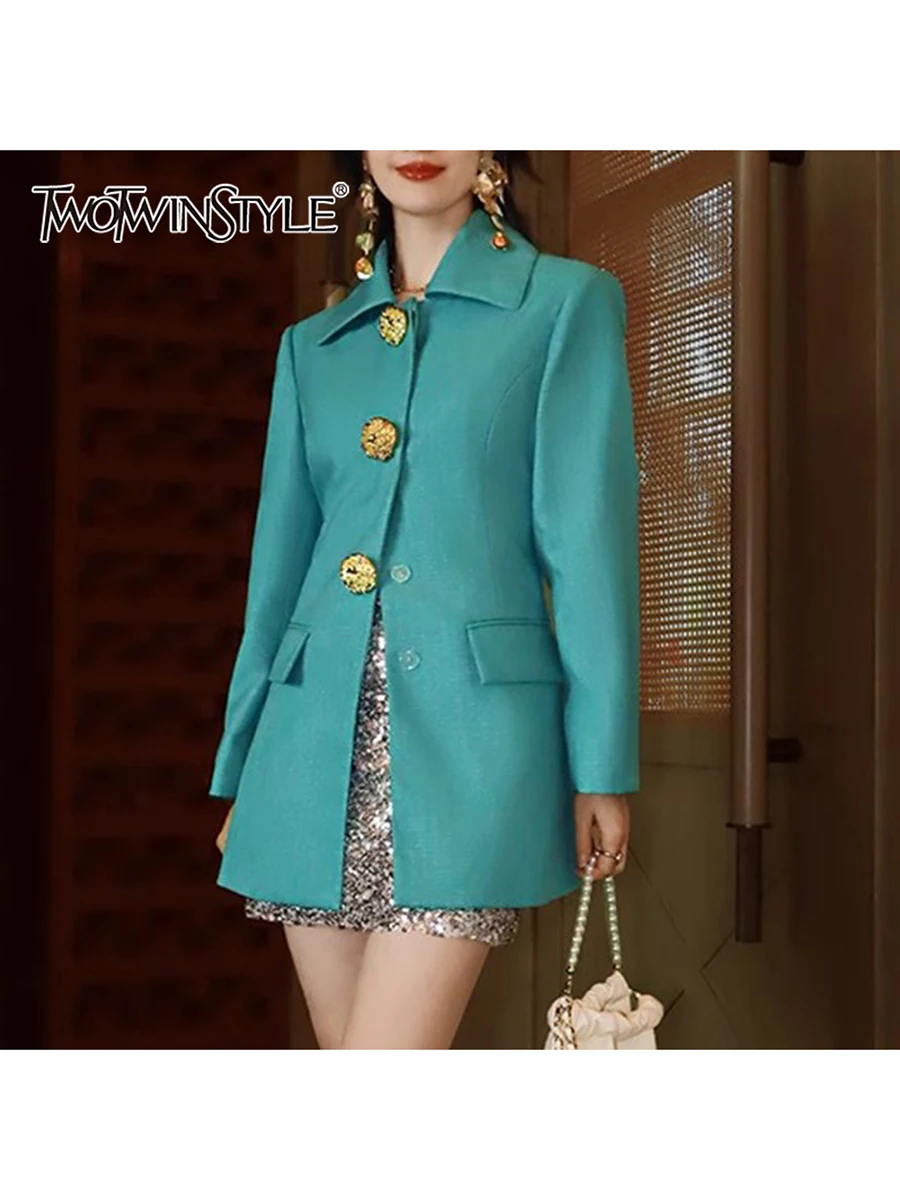 

TWOTWINSTYLE однотонные утягивающие куртки на пуговицах для женщин, лоскутные карманы с лацканами и длинными рукавами, женская модная стильная одежда