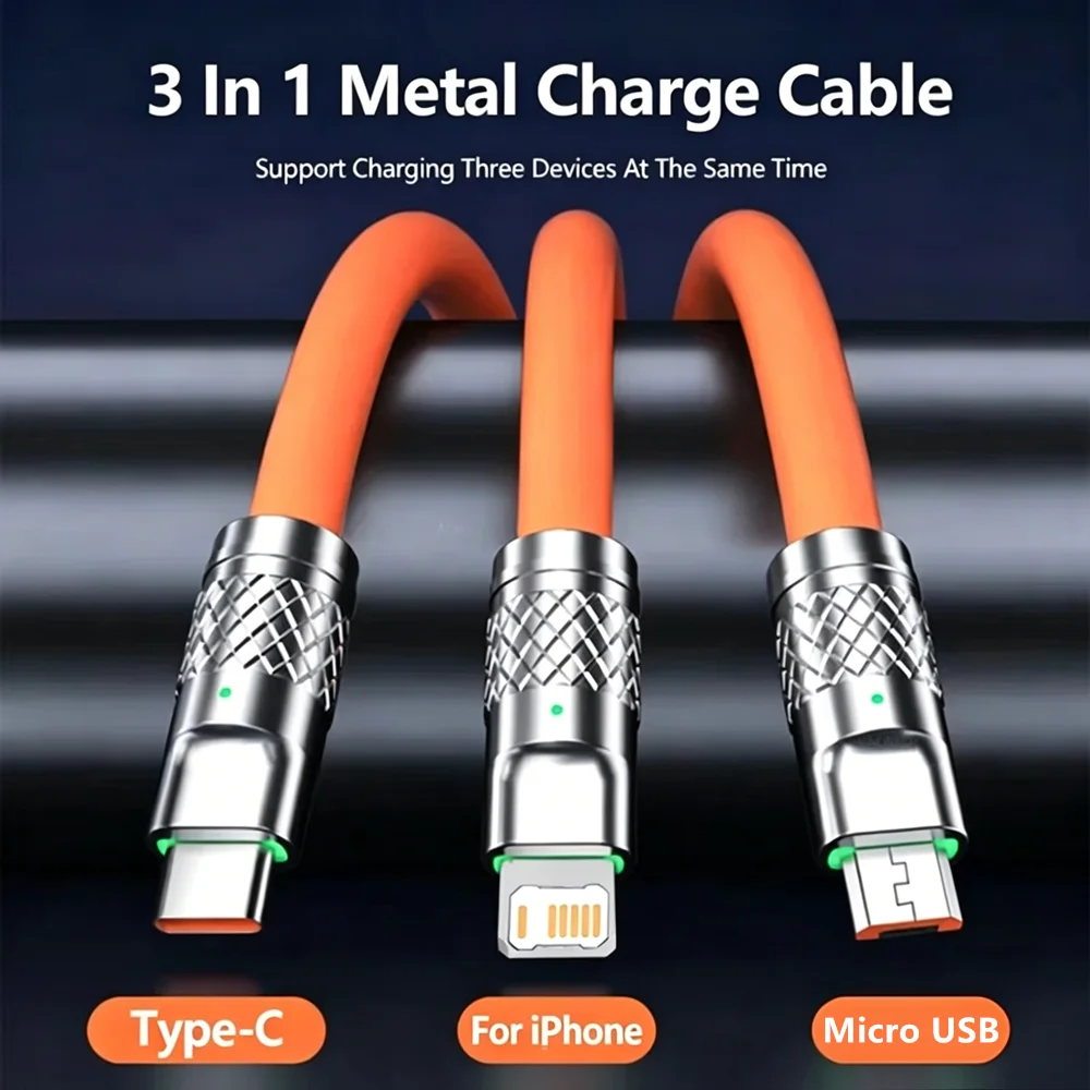 3 in 1 Micro USB Type C Quick Charging Cable For iPhone Samsung Xiaomi Redmi POCO Huawei OPPO VIVO OnePlus Liquid Silicone Cable