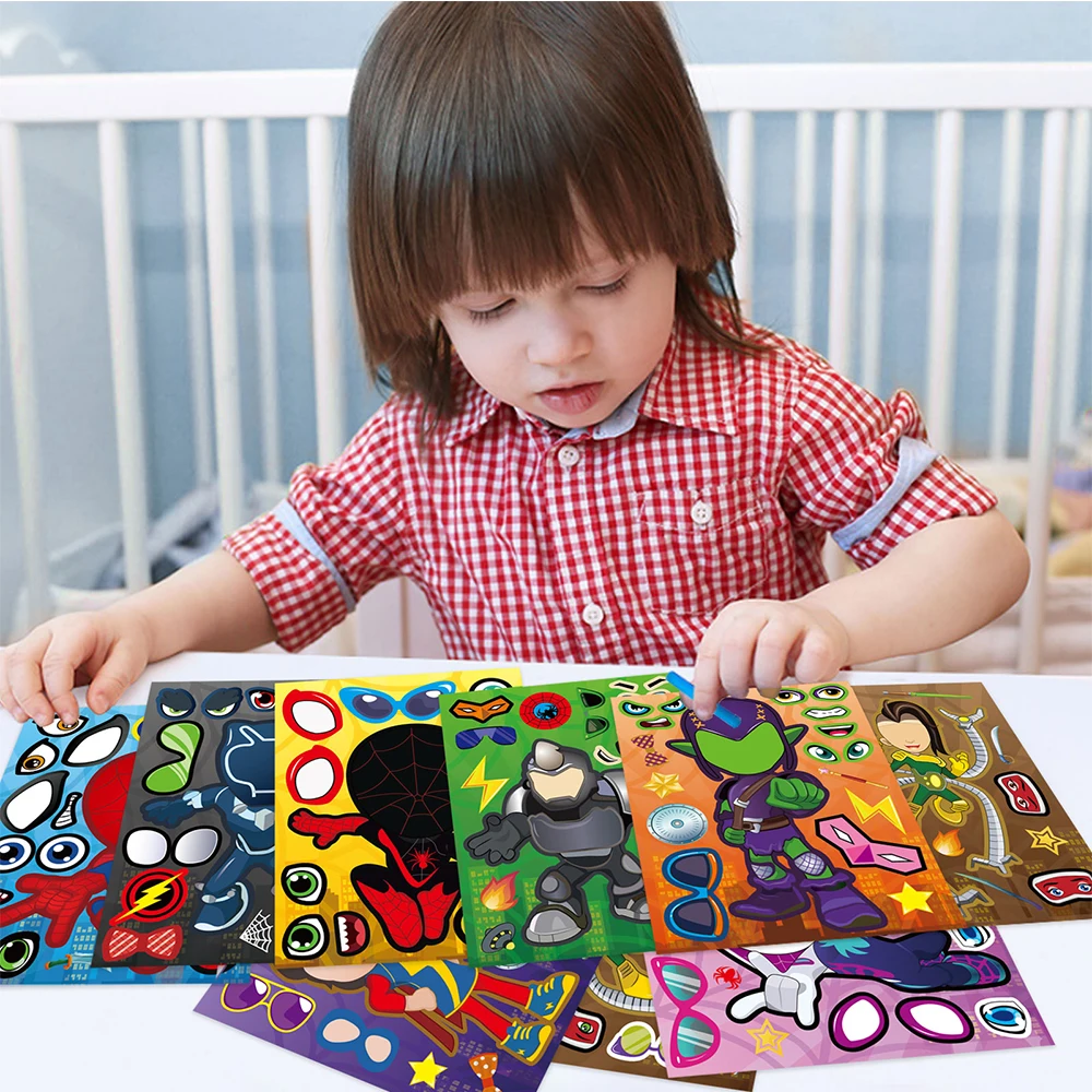 9/18Sheets Disney Spiderman and His Amazing Friends Puzzle Stickers Kids Anime Make-a-Face Assemble Jigsaw DIY Cartoon Sticker