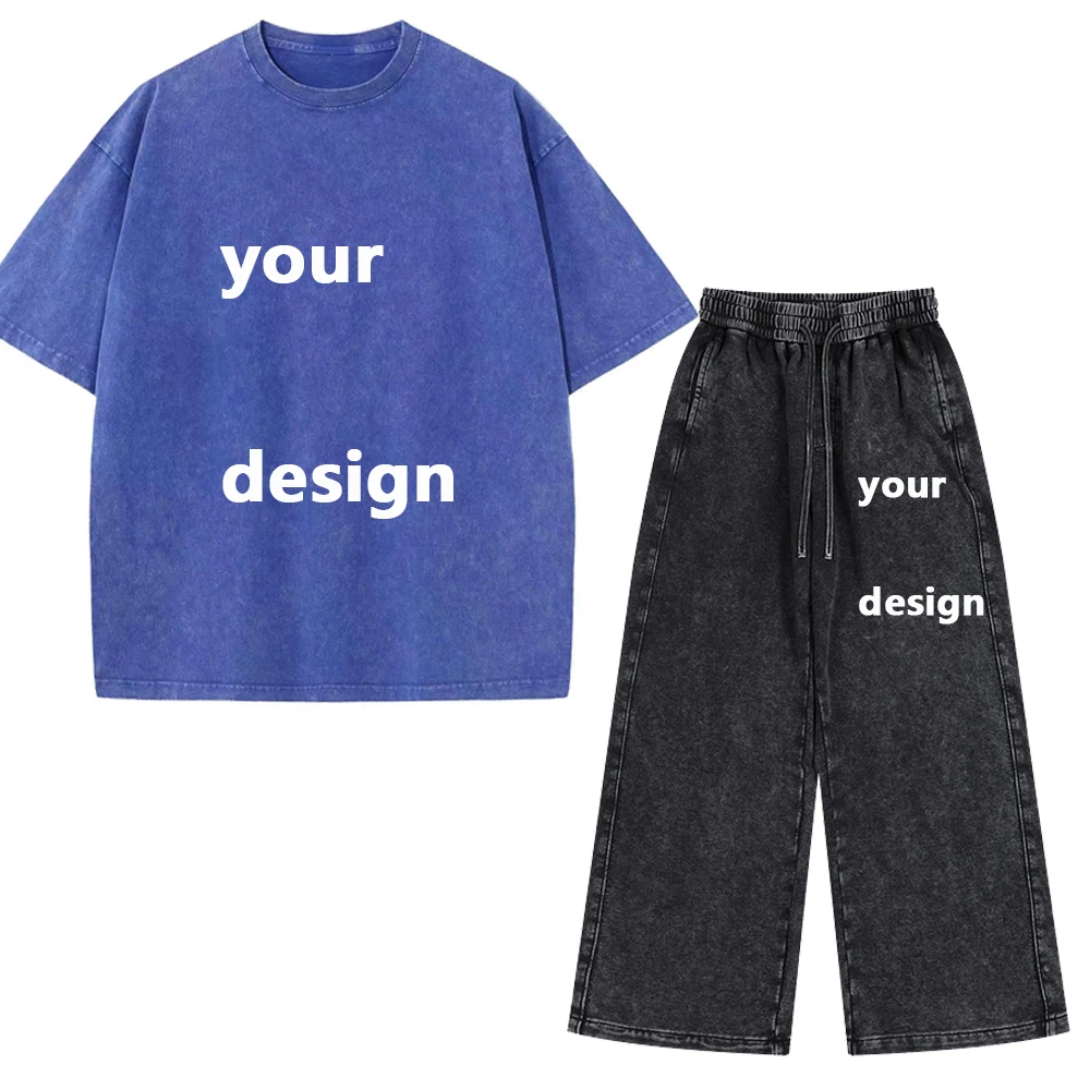 Men Women Cotton Washed T Shirt Pants Set 230G Custom Printed T Shirt Matching Set DIY Logo Pattern Casual Streetwear Outfit view 4