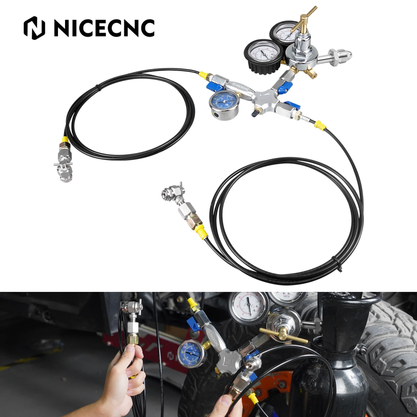 

Dual Hose Nitrogen Regulator Shock Fill Kit For ATV UTV Yamaha Raptor 700R Polaris RZR XP 1000 Honda TRX450R Can-Am Maverick X3