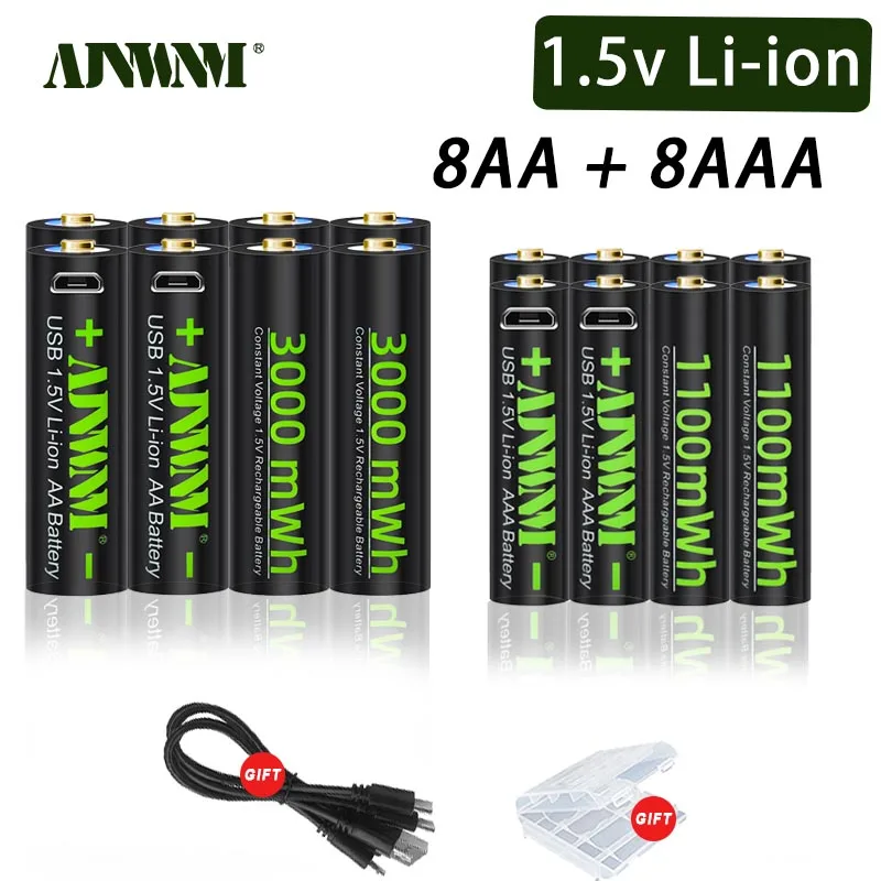 

High capacity AA + AAA USB Rechargeable battery 1.5V AA 3000 mWh AAA 1100 mWh li-ion battery for Remote control wireless mouse