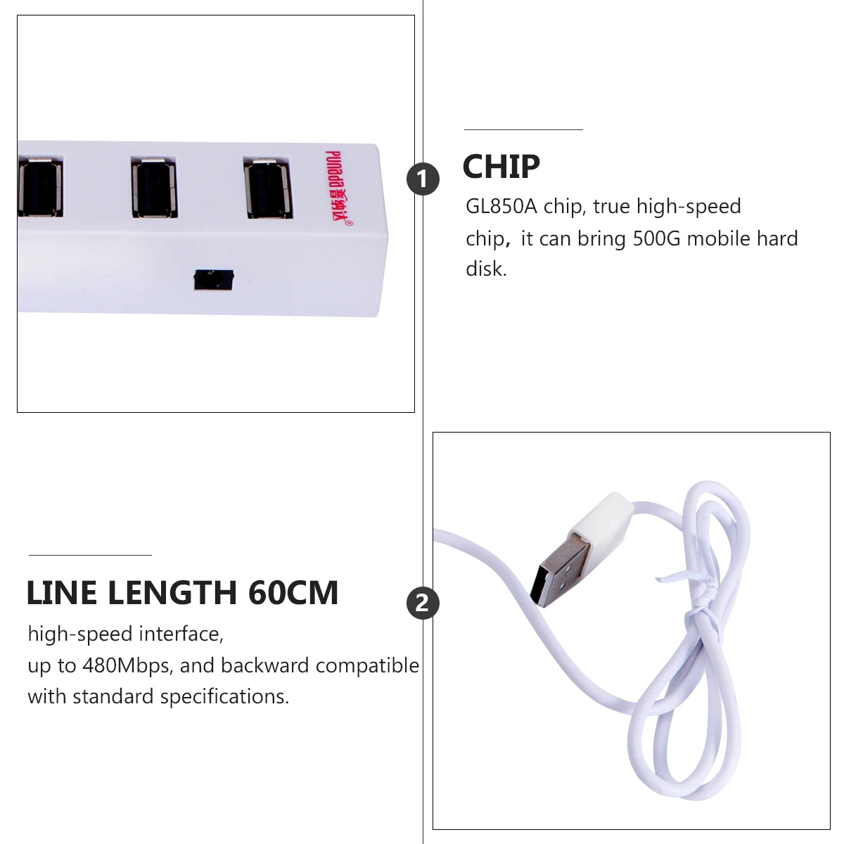 

1pc USB 2.0 4-Port Hub GL850A Chip High-Speed 480Mbps Compact Data Transfer Hub 60cm Cable Plug Play Portable Splitter Multi