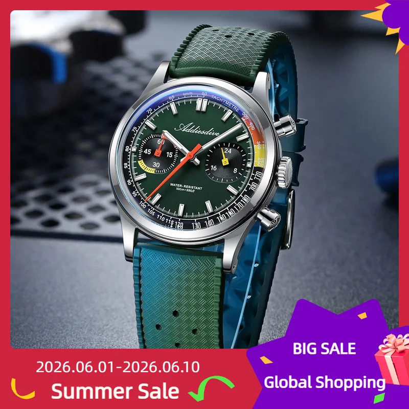 

ADDIESDIVE New Men Watch Bubble Mirror Glass Fluorine Rubber Chronograph VK64 Quartz Watch BGW9 Luminous Waterproof AD2529 Clock