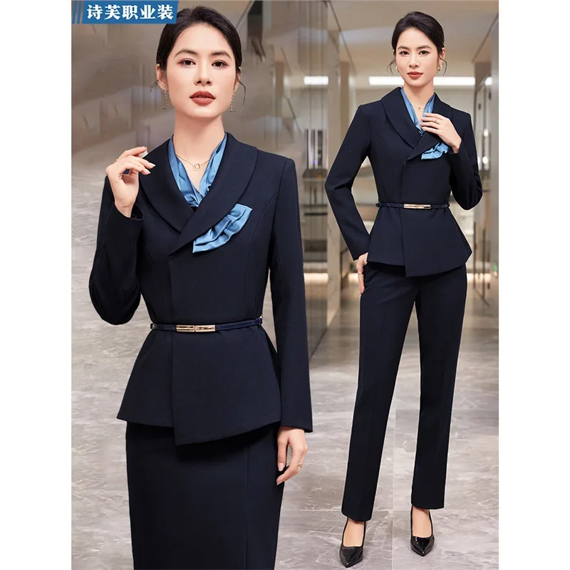 

Профессиональный комплект костюмов для женщин, весна и осень, с застежкой талией, спецодежда для стойки регистрации отеля, услуги салона красоты St