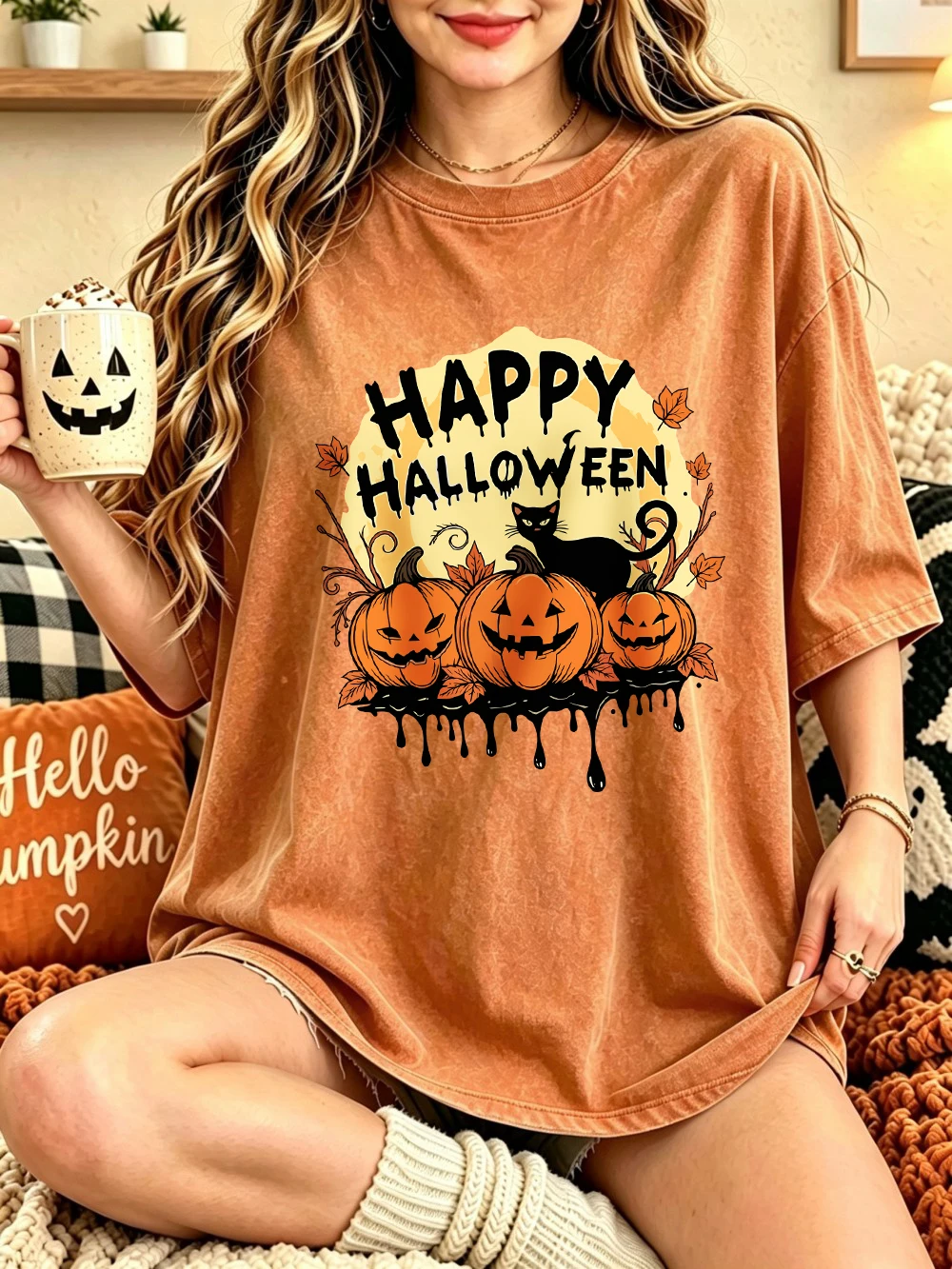 Happy Halloween Kürbisse bedruckte, gewaschene T-Shirts, Damen-Baumwoll-Tops mit kurzen Ärmeln, lässige Oversize-T-Shirts mit Rundhalsausschnitt, Sommerkleidung – Detail 14