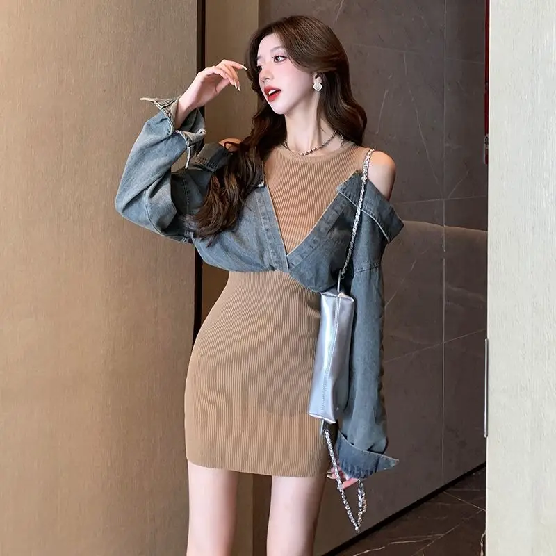 Knitted Short Denim Dress Patchwork Off Shoulder Long Sleeved Shirt Vestidos De Mujer Elegantes Vintage High Casual Robe Femme