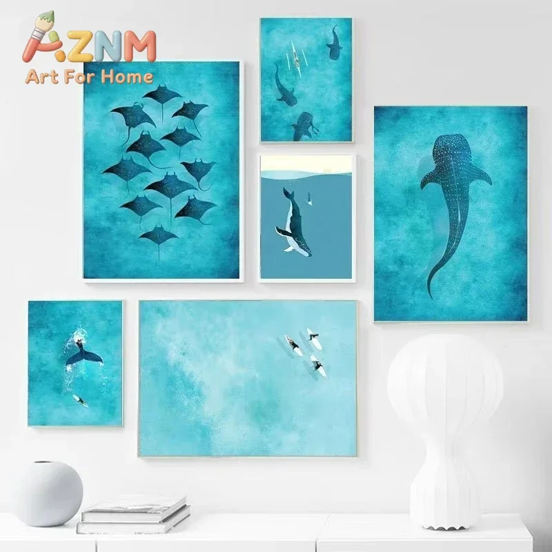 Abstract Blue Ocean Poster Oil Painting Whale Shark Manta Ray Surfing Seawall Art Pictures Living Room Painting Decoration