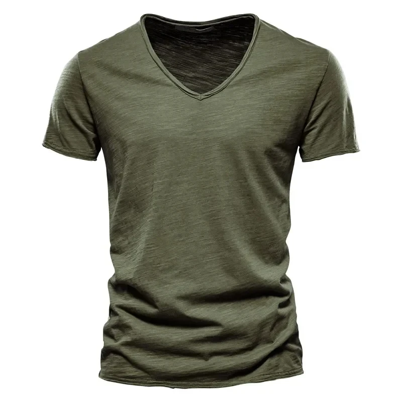 

2025 New Brand Quality 100% Cotton Men T-shirt V-neck Fashion Design Slim Fit Soild Male Tops Tees Short Sleeve