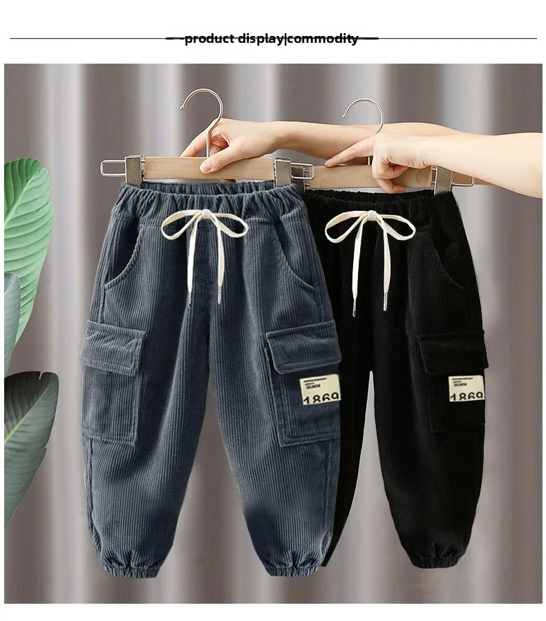 Neue Herbst-Winter-Cargohosen für 2-6 Jahre alte Jungen, Einfarbige Freizeit-Sporthosen für Kinder, Kinderhosen 2-8 Jahre, Kleidung – Detail 3