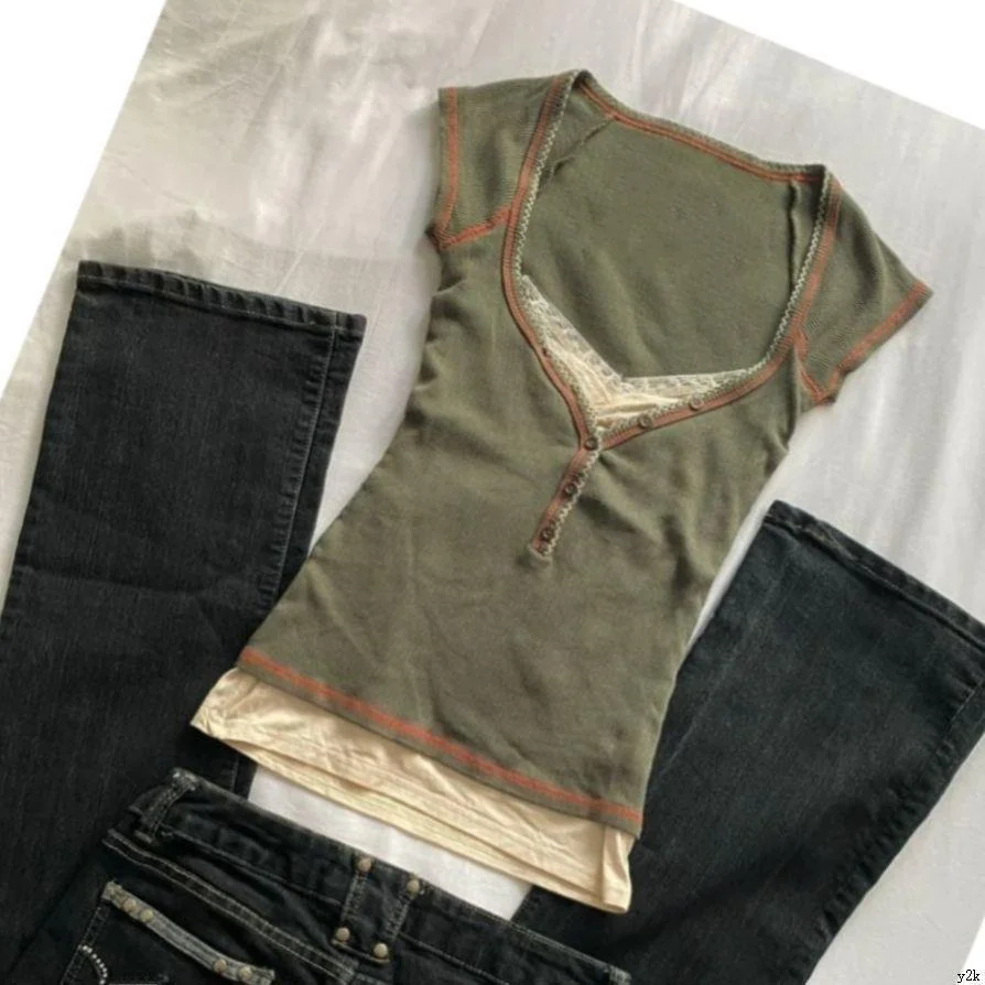 Pure Cotton American Retro Style Button up Short Sleeve Square Collar Color Block Waist Cinching T-Shirt for Girls  Neck