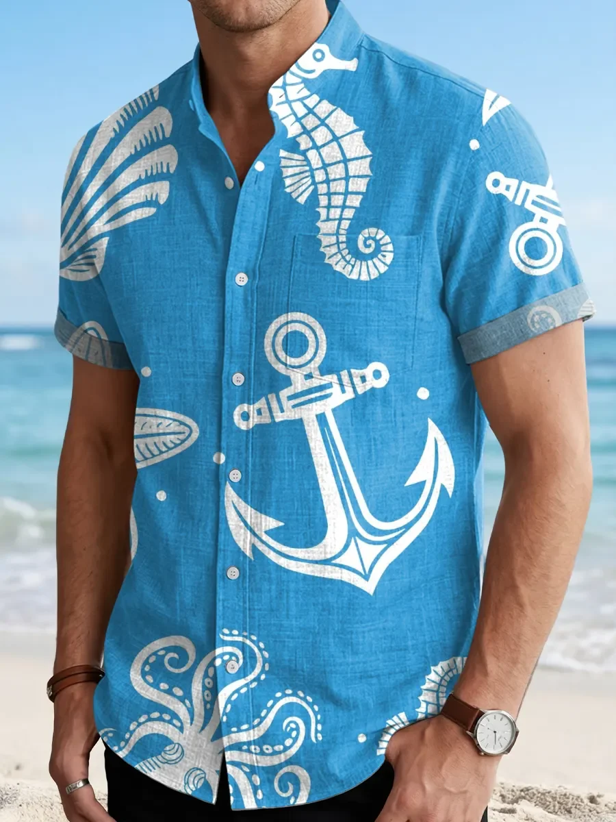 

Men's summer fashion short-sleeved shirt in Hawaiian beach style, casual shirt with seaside style pattern
