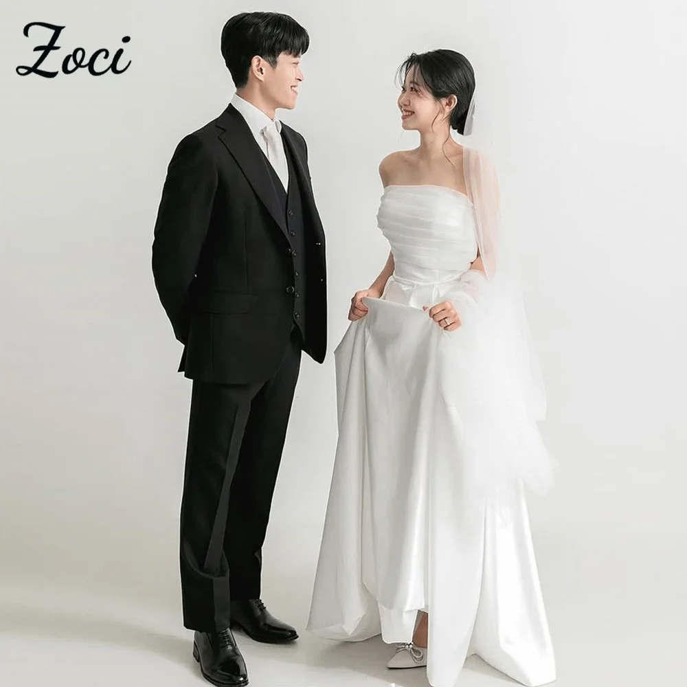 

Zoci Elegant White Korea Wedding Dresses Organza Strapless Photo Shoot Dress Customized Pleats Top Open Back Lace Up Bridal Gown