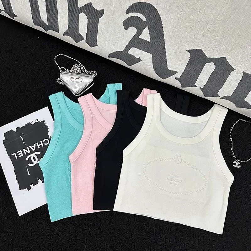 

Y2K Sleeveless Knit Women's Tee, Fitted Plain Blouse, Casual Tee with Everything,Crew Neck, Embroidered Letters, Elegant Sweater